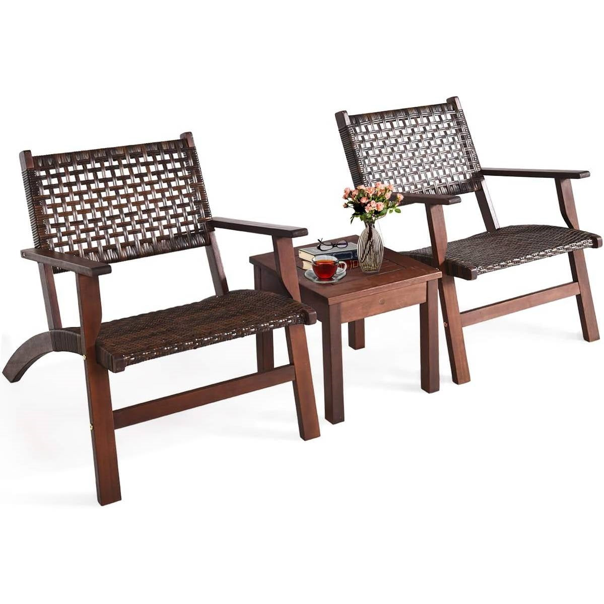 Solid Wood and Rattan 3-Piece Outdoor Patio Furniture Table Chairs Set - Tampa Home & Garden Store