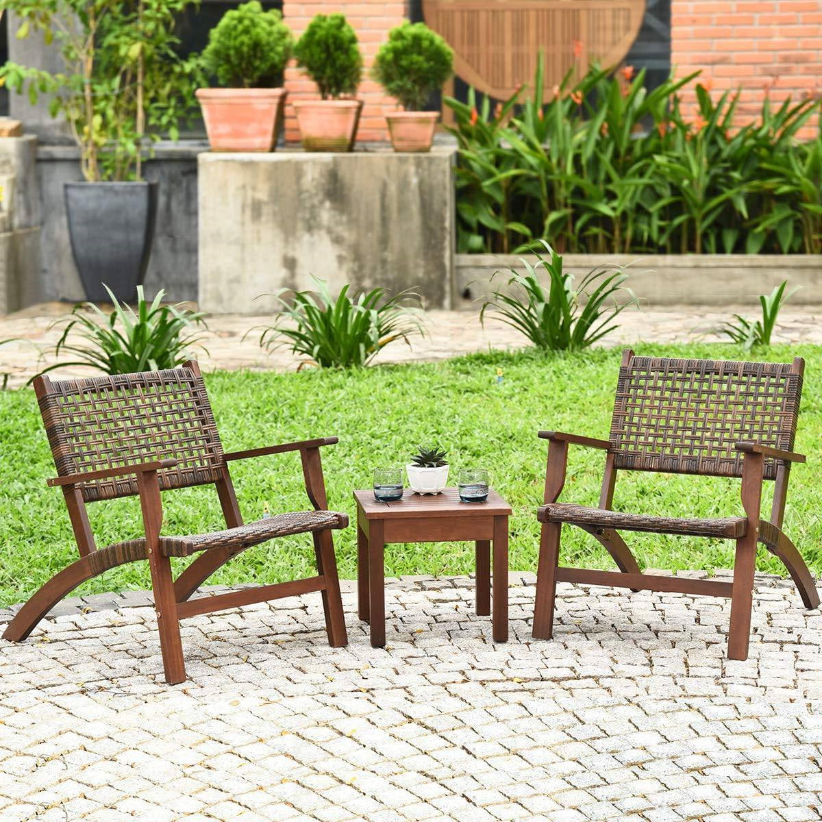 Solid Wood and Rattan 3-Piece Outdoor Patio Furniture Table Chairs Set - Tampa Home & Garden Store
