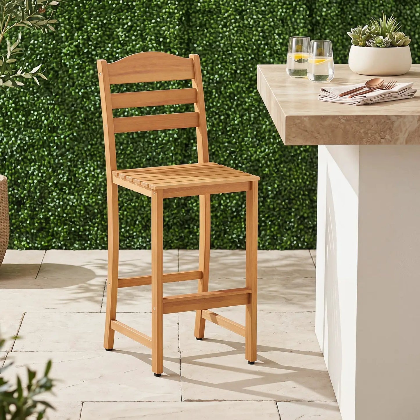 Acacia Wood Bar Stools With Curved Backrest