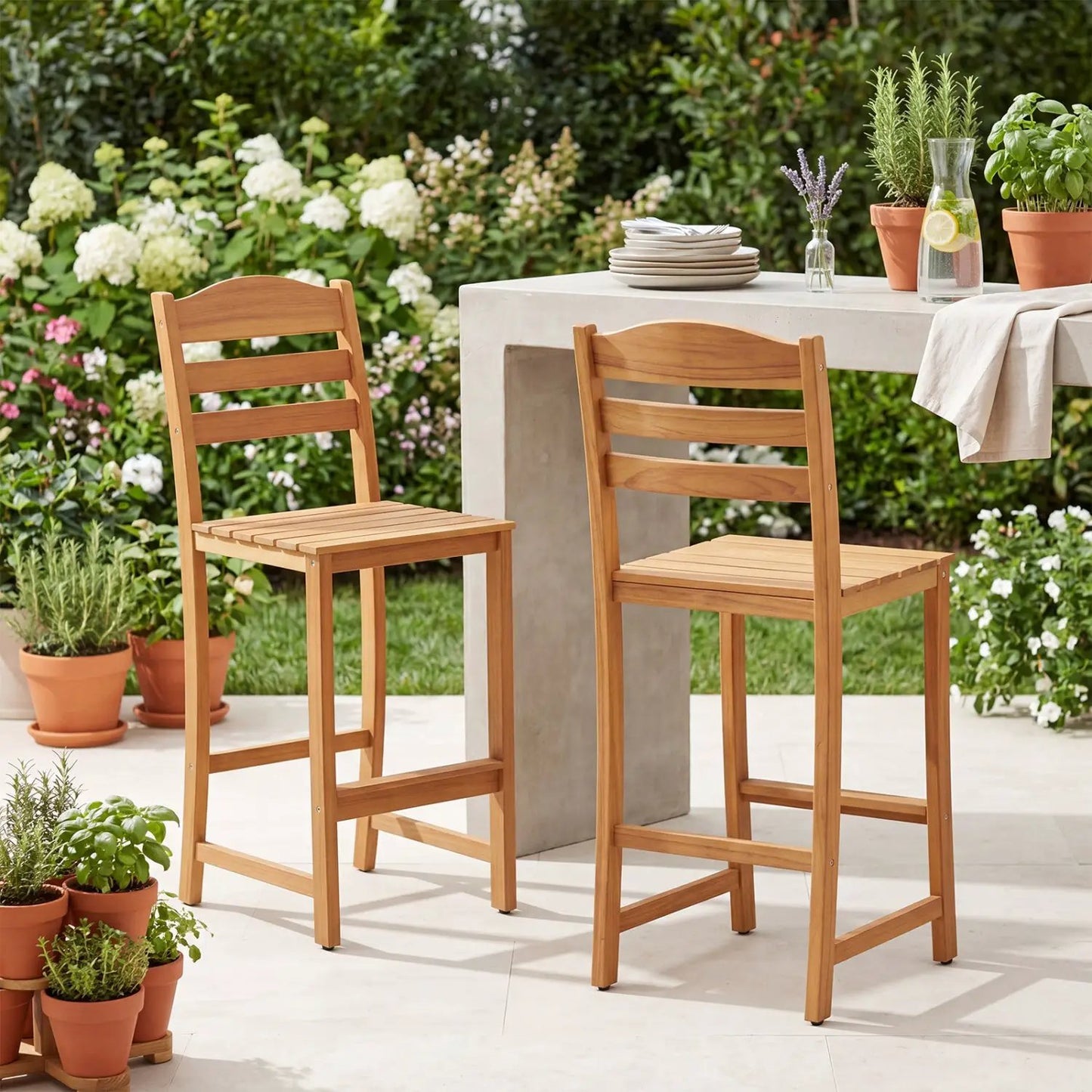Acacia Wood Bar Stools With Curved Backrest