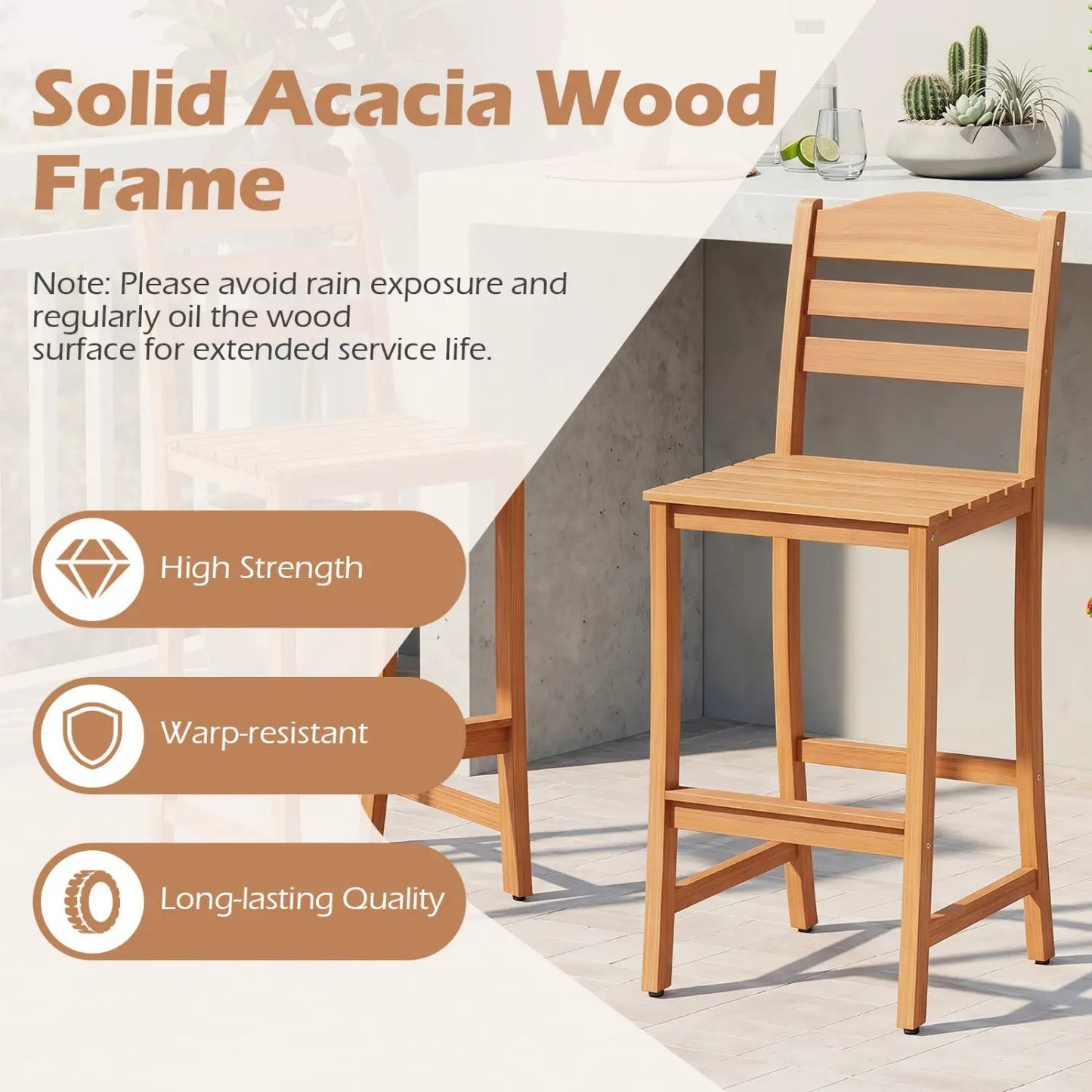 Acacia Wood Bar Stools With Curved Backrest