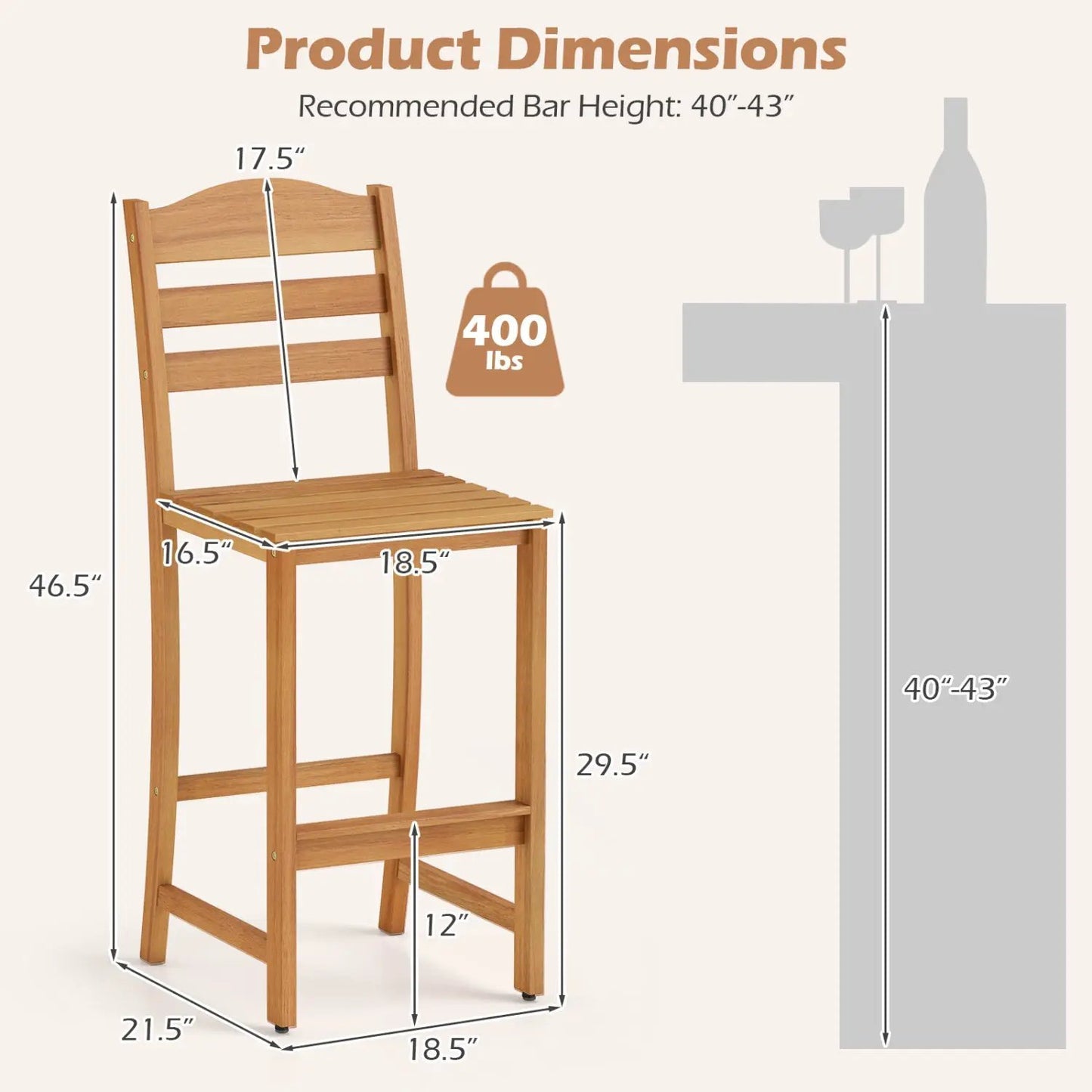 Acacia Wood Bar Stools With Curved Backrest