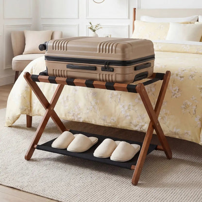 Rubberwood Folding Luggage Rack With Shelves