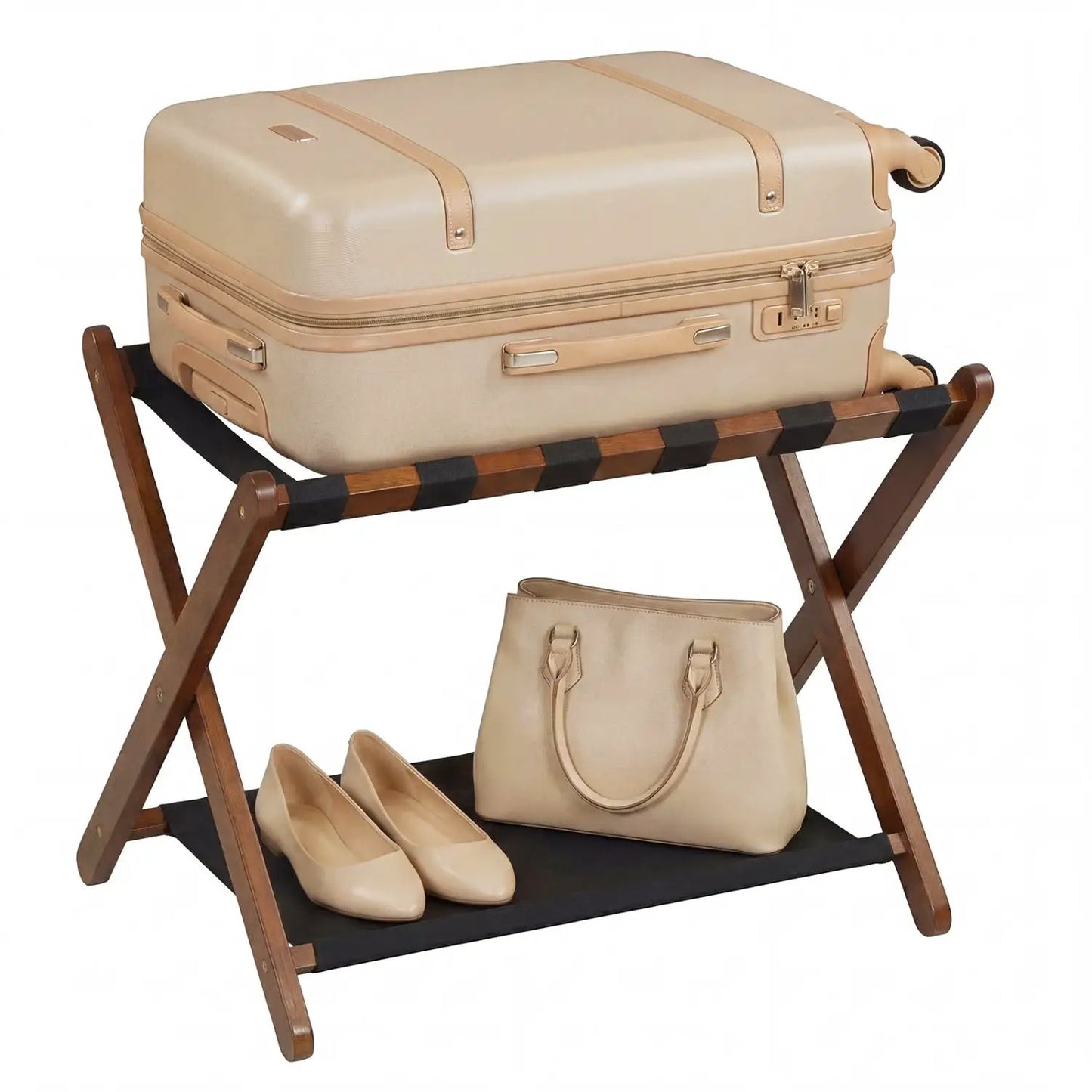 Rubberwood Folding Luggage Rack With Shelves
