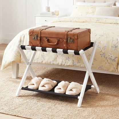 Rubberwood Folding Luggage Rack With Shelves