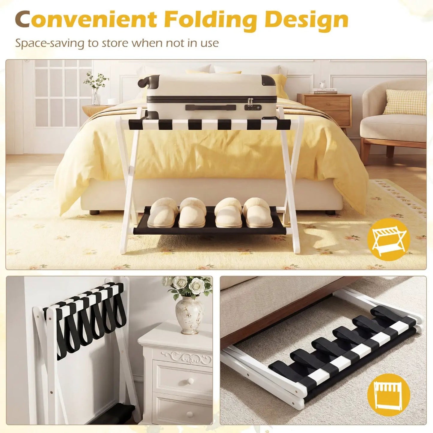 Rubberwood Folding Luggage Rack With Shelves