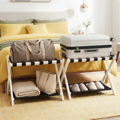 Rubberwood Folding Luggage Rack With Shelves