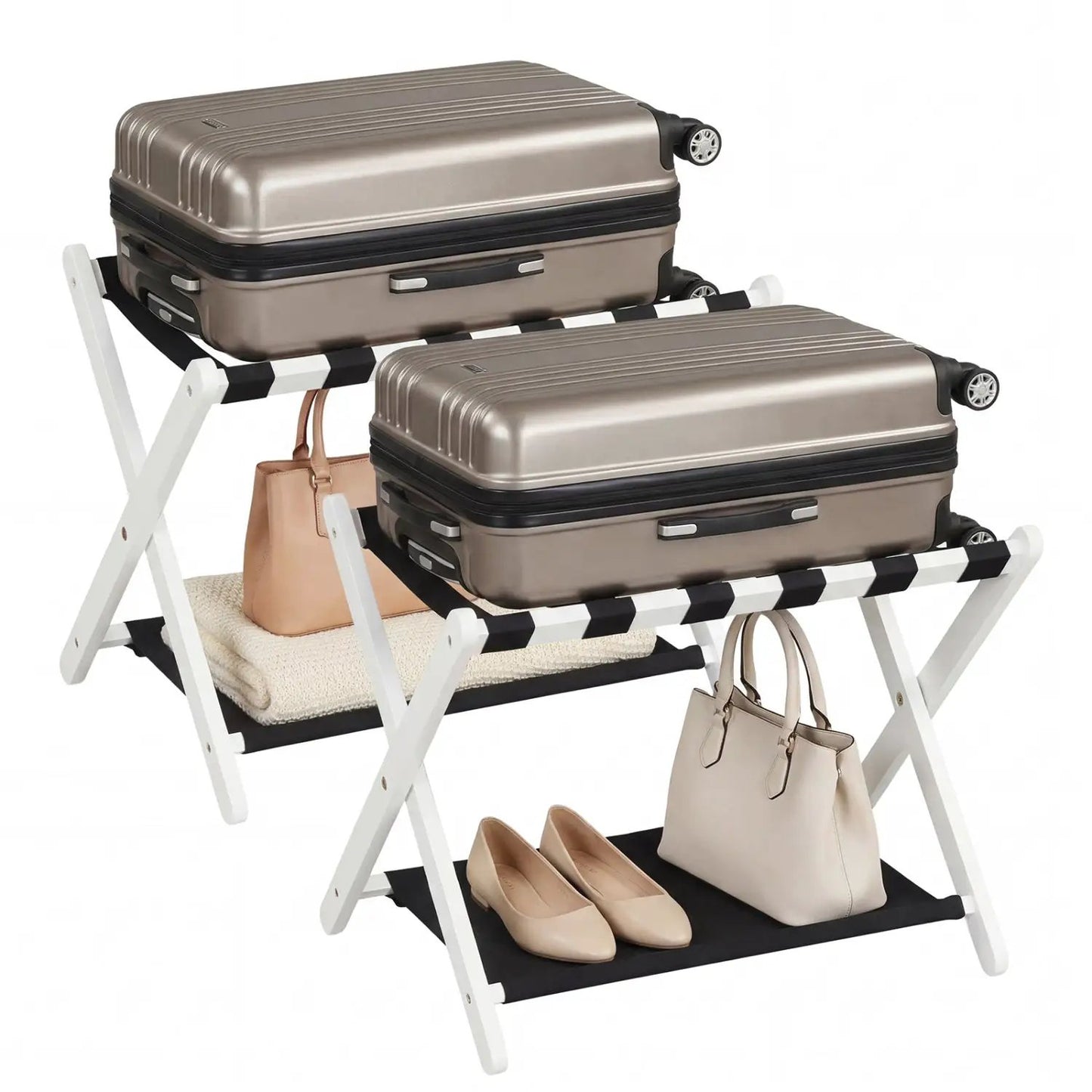 Rubberwood Folding Luggage Rack With Shelves