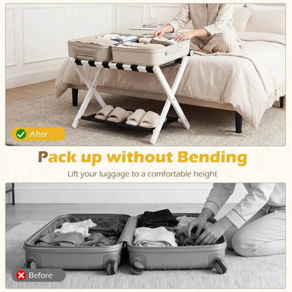 Rubberwood Folding Luggage Rack With Shelves