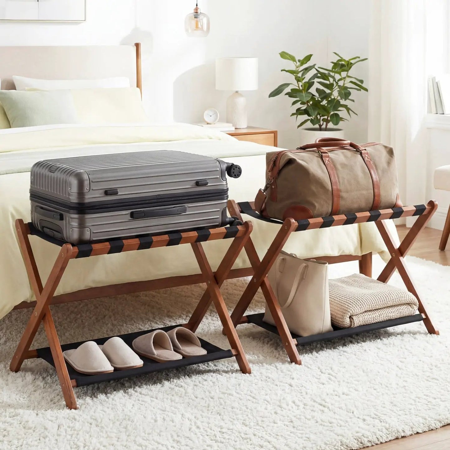 Rubberwood Folding Luggage Rack With Shelves
