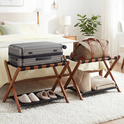 Rubberwood Folding Luggage Rack With Shelves