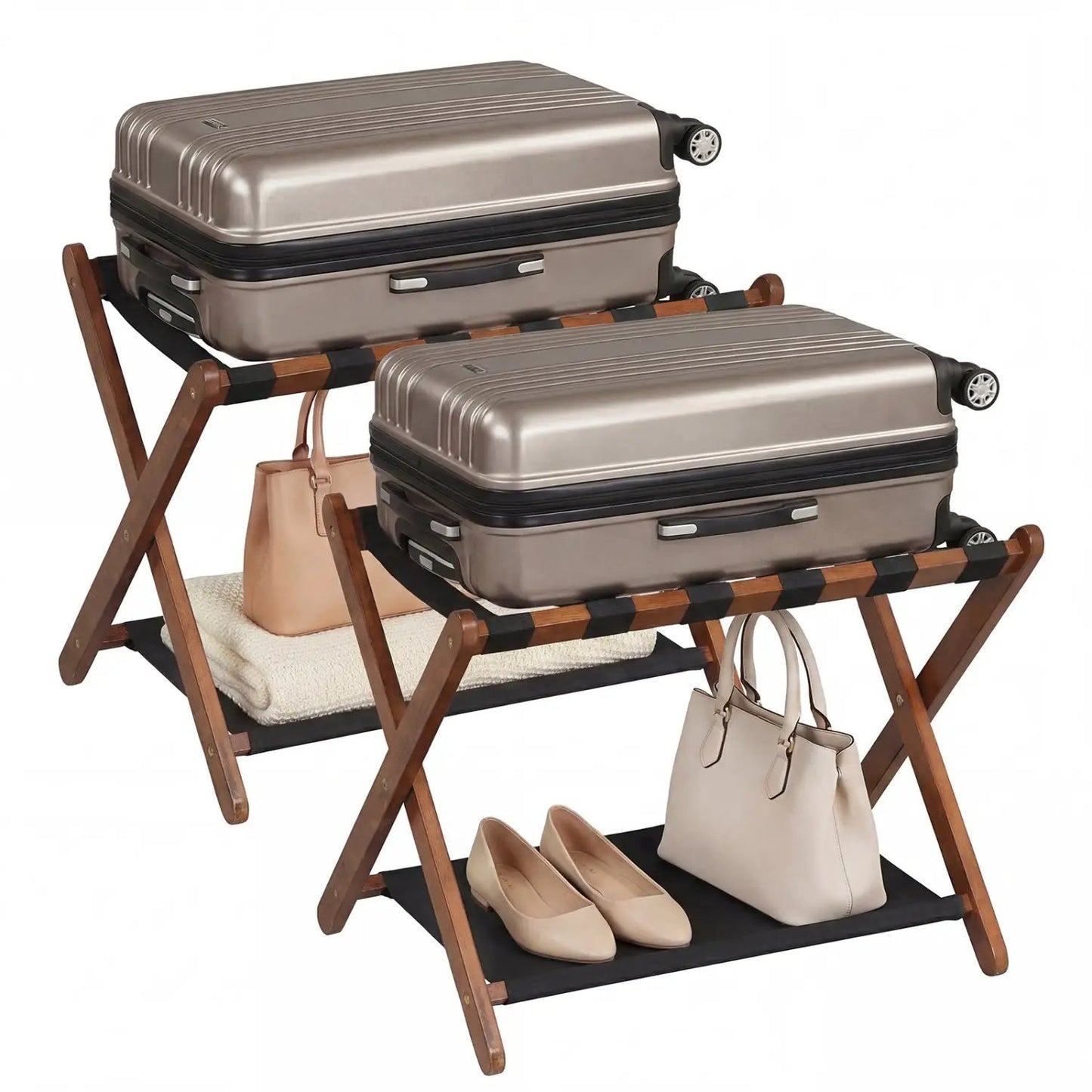 Rubberwood Folding Luggage Rack With Shelves