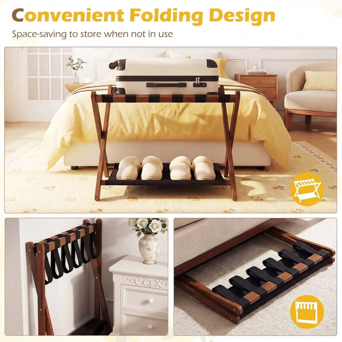 Rubberwood Folding Luggage Rack With Shelves