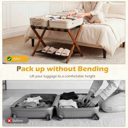 Rubberwood Folding Luggage Rack With Shelves