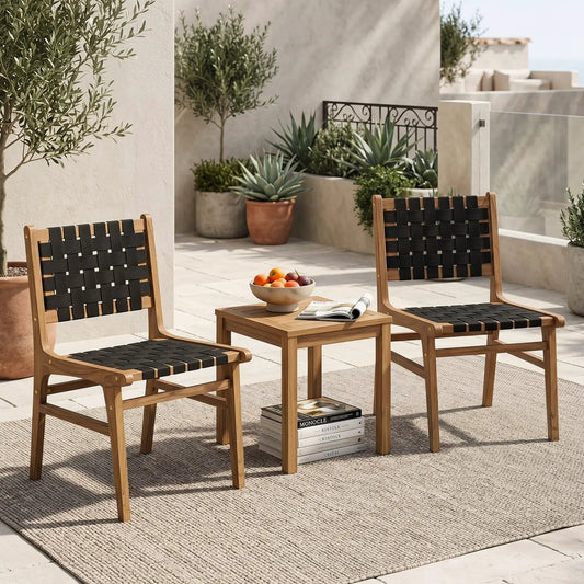 Teak Wood Outdoor Dining Chair with Woven Strap Back, DirectDeals, 2 chairs, black straps on Tampa Home & Garden Store
