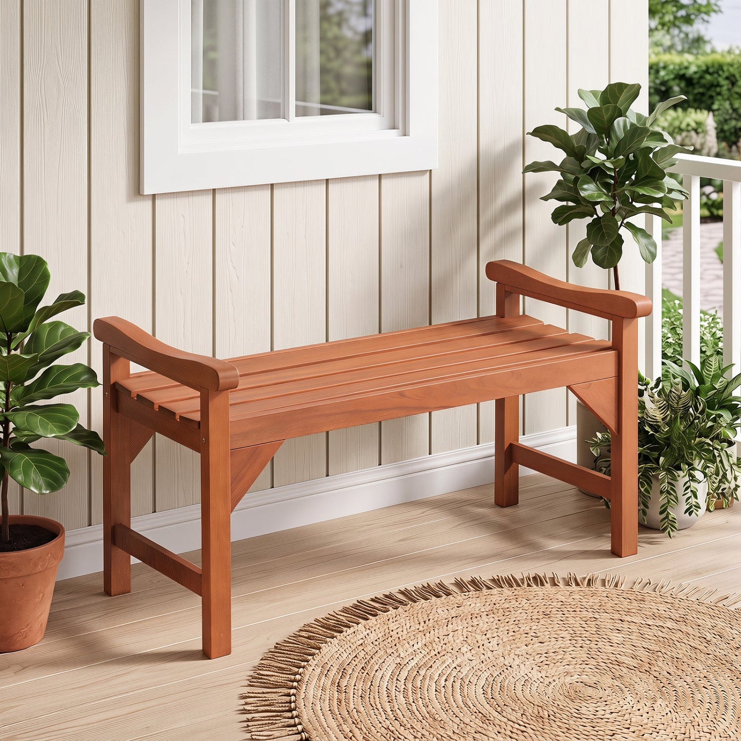 Solid wood backless garden bench with curved arms in warm brown finish DirectDeals on Tampa Home & Garden Store