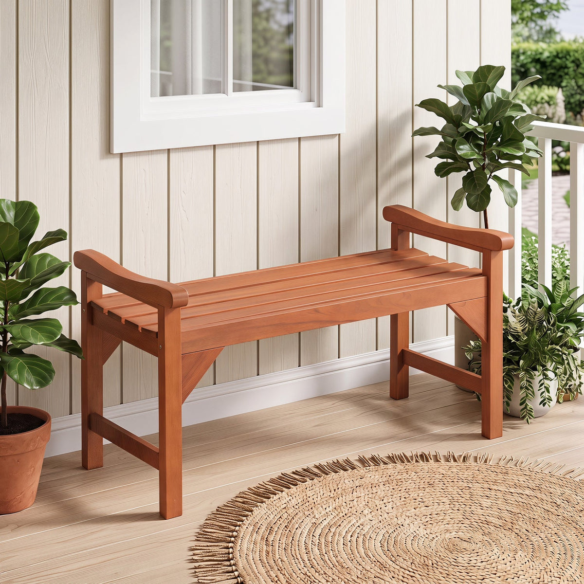 Solid wood backless garden bench with curved arms in warm brown finish DirectDeals on Tampa Home & Garden Store