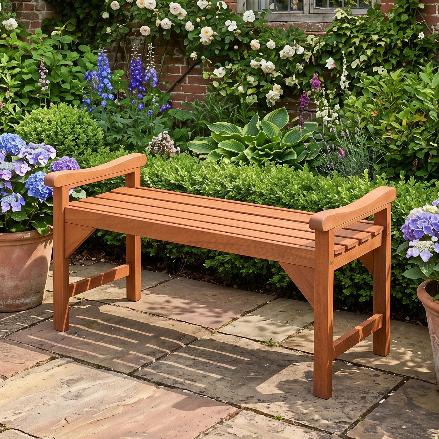 Solid wood backless garden bench with handles DirectDeals amber wood on Tampa Home & Garden Store