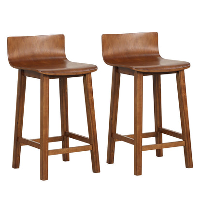 Wood Bar Stools Set of 2 with Solid Back and Seat-Brown