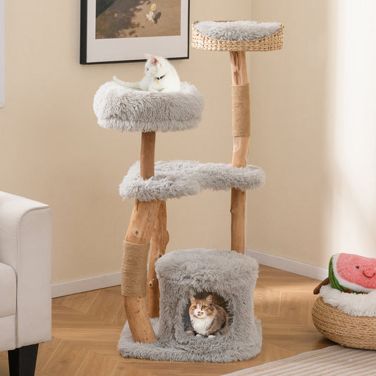 Solid Wood Cat Tower with Top Cattail Basket Cat Bed - Tampa Home & Garden Store