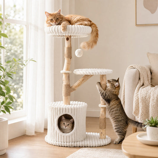 Solid Wood Cat Tree 41in with Real Branches and Cozy Bed; 2 cats DirectDeals on Tampa Home & Garden Store