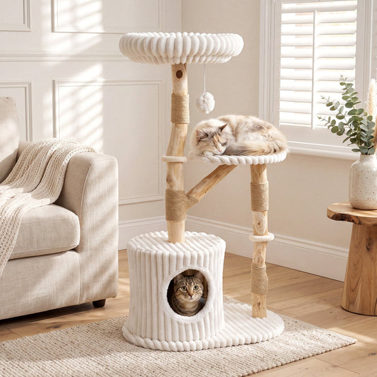 Solid wood cat tree 41in with real branches, rope-posts, cozy white bed; two cats on Tampa Home & Garden Store