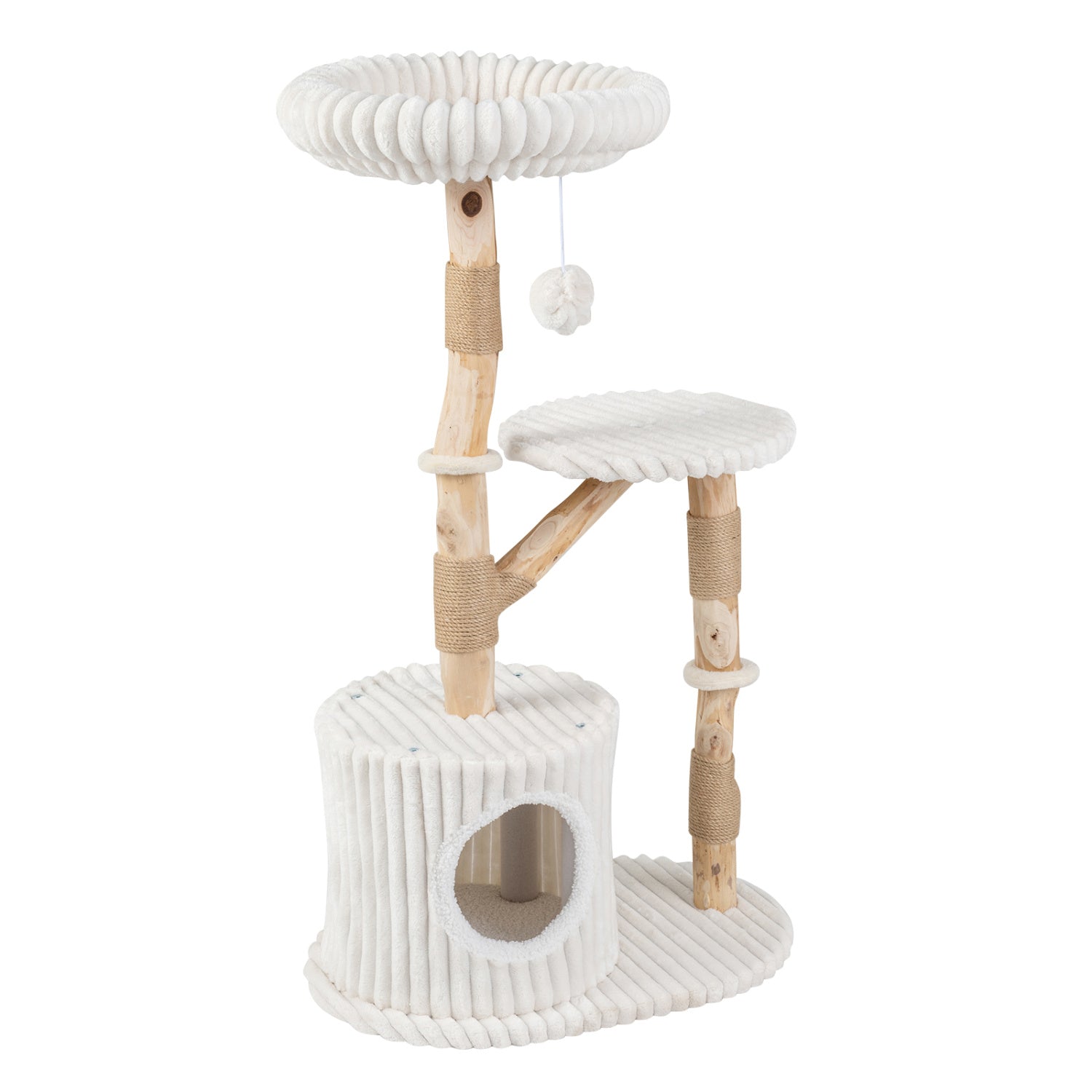 Solid Wood Cat Tree 41-inch with real branches, white rope perches and cozy bed DirectDeals on Tampa Home & Garden Store