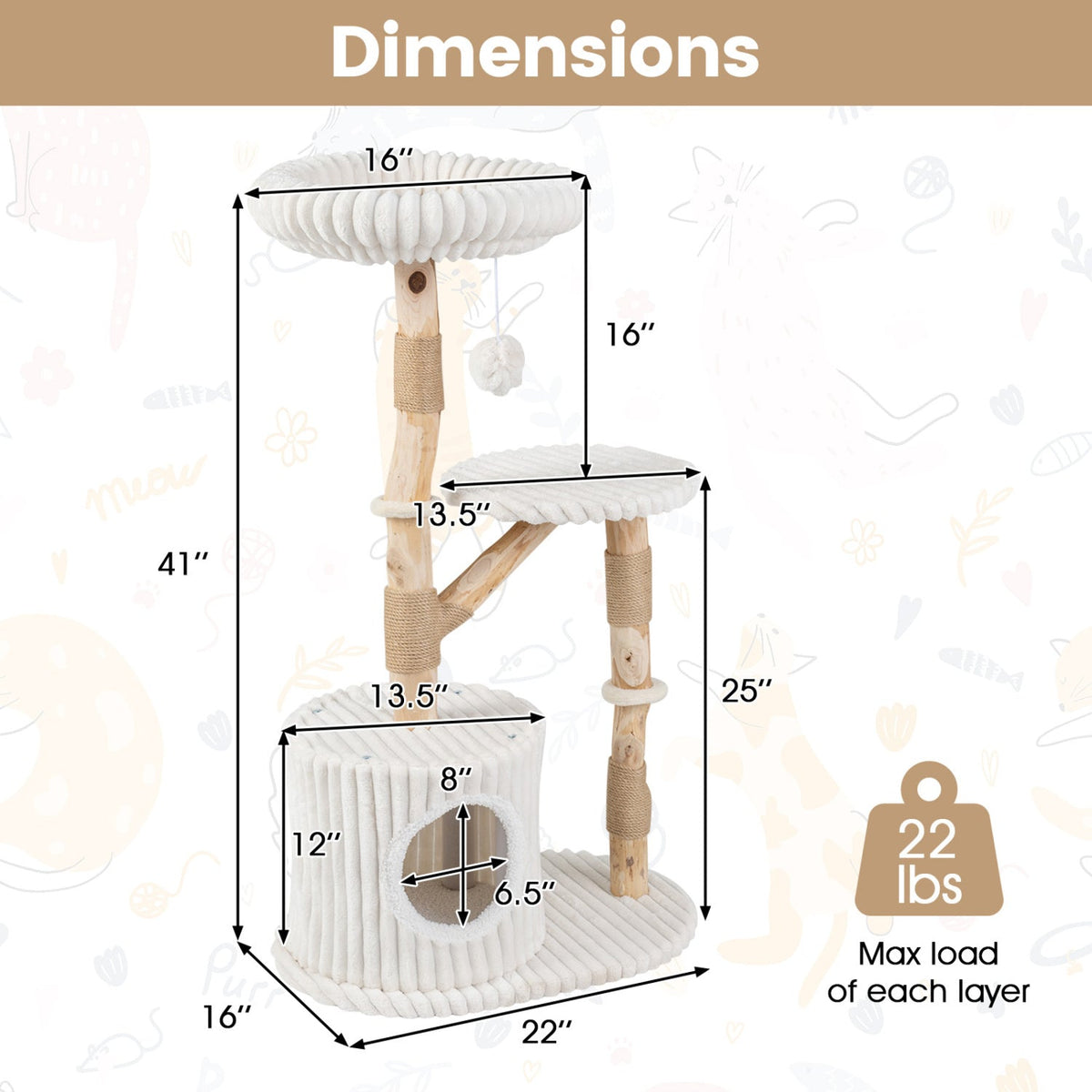 Solid Wood Cat Tree 41in by DirectDeals with real branches cozy bed rope posts multilevel on Tampa Home & Garden Store