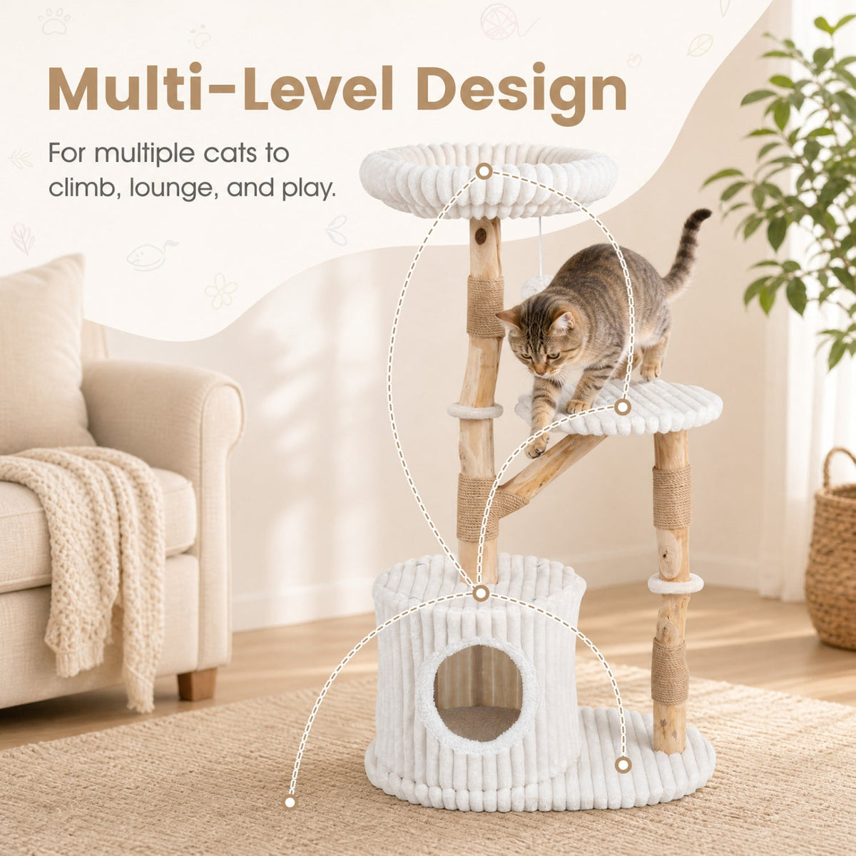 Solid Wood Cat Tree 41in with real branches and white rope platforms; cat on mid-level lounge on Tampa Home & Garden Store