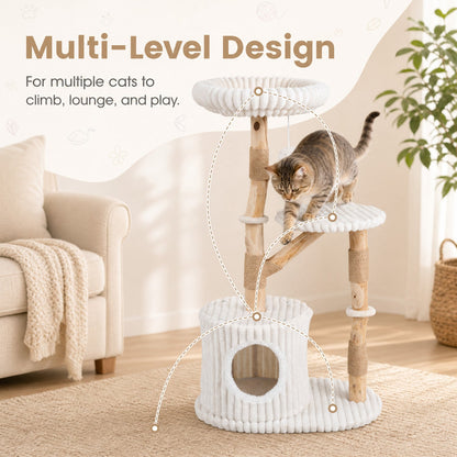Solid Wood Cat Tree 41in with real branches and white rope platforms; cat on mid-level lounge on Tampa Home & Garden Store
