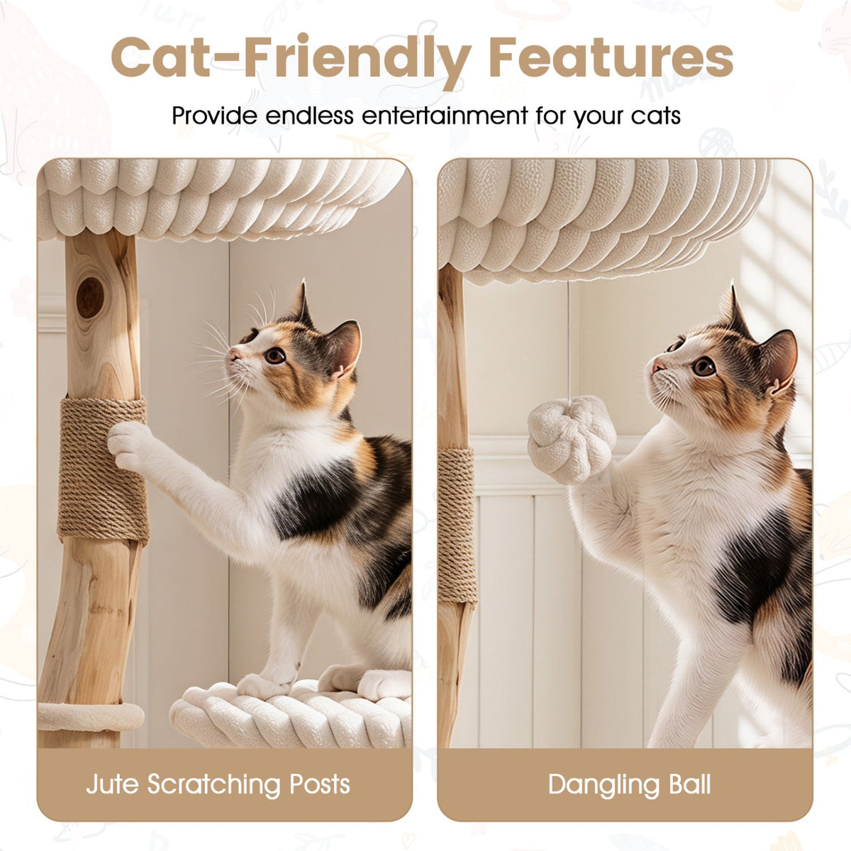 Solid Wood Cat Tree 41in DirectDeals with real branches, cozy bed, jute posts and dangling ball on Tampa Home & Garden Store