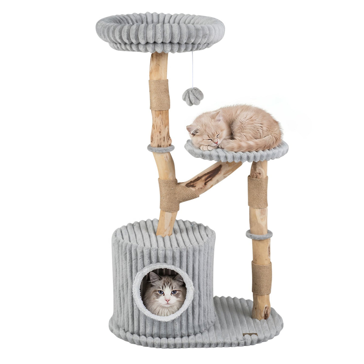Solid Wood Cat Tree 41 Real Branches gray rope platforms cat sleeping on top and cat in cave on Tampa Home & Garden Store