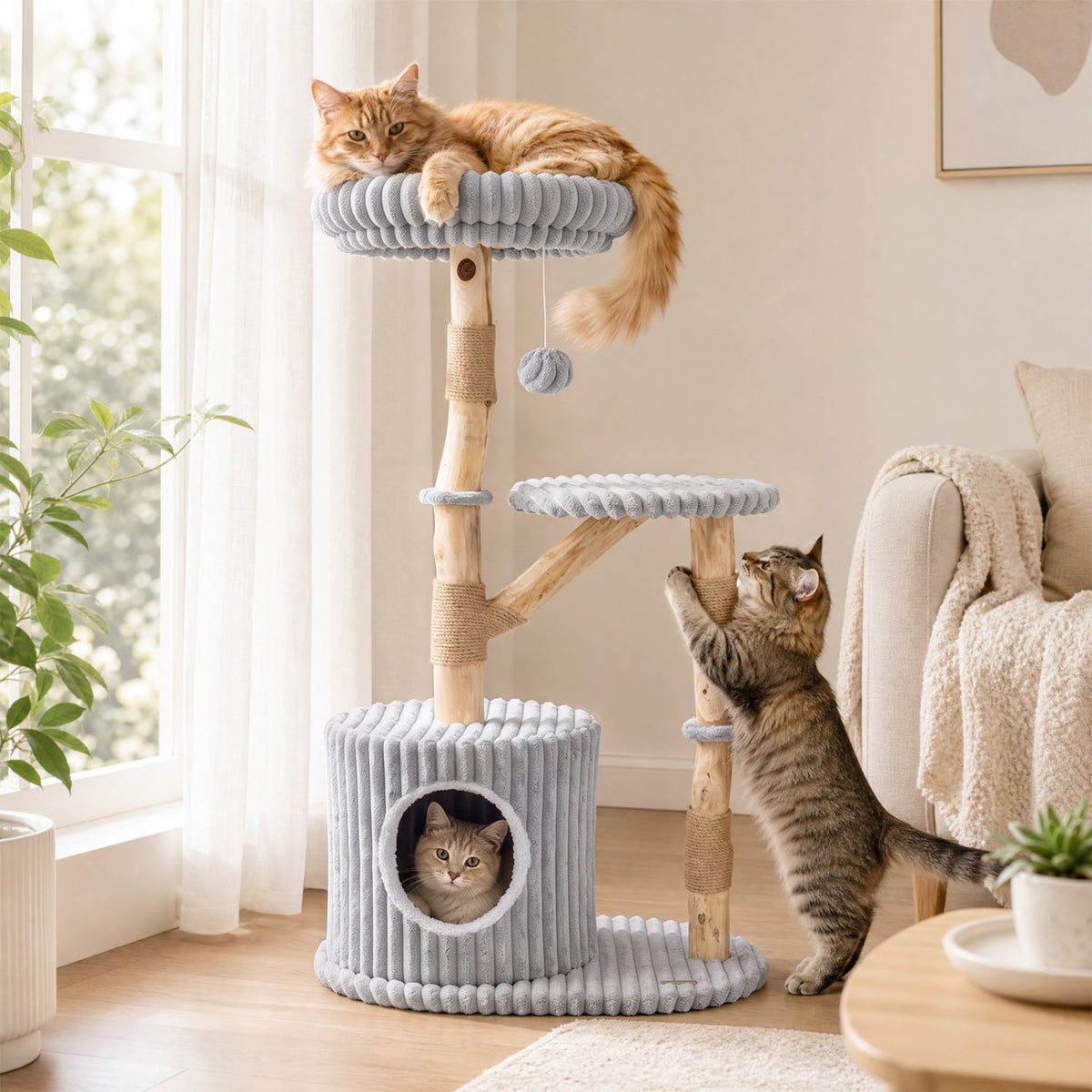 Solid Wood Cat Tree 41in with Branches, blue-gray rope wraps, cozy bed, two cats, DirectDeals on Tampa Home & Garden Store