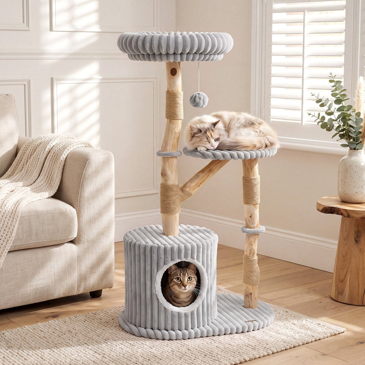 Solid Wood Cat Tree 41in with natural branches, gray rope wrap, cozy beds, cat condo, DirectDeals on Tampa Home & Garden Store