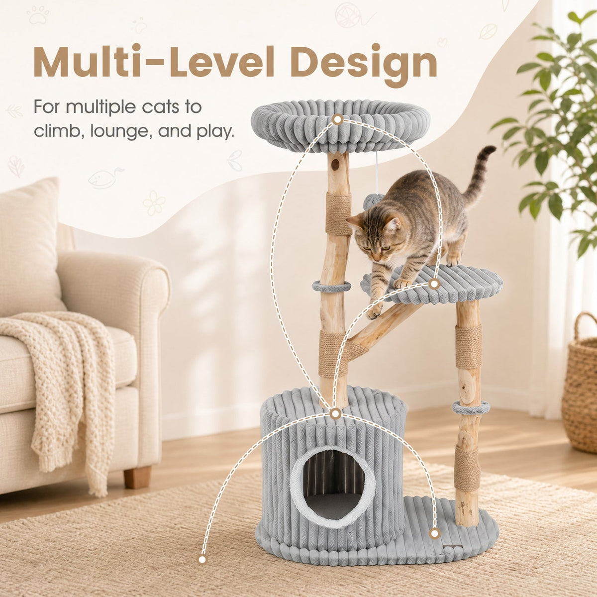 Solid Wood Cat Tree 41in with real branches and cozy gray rope platforms DirectDeals on Tampa Home & Garden Store
