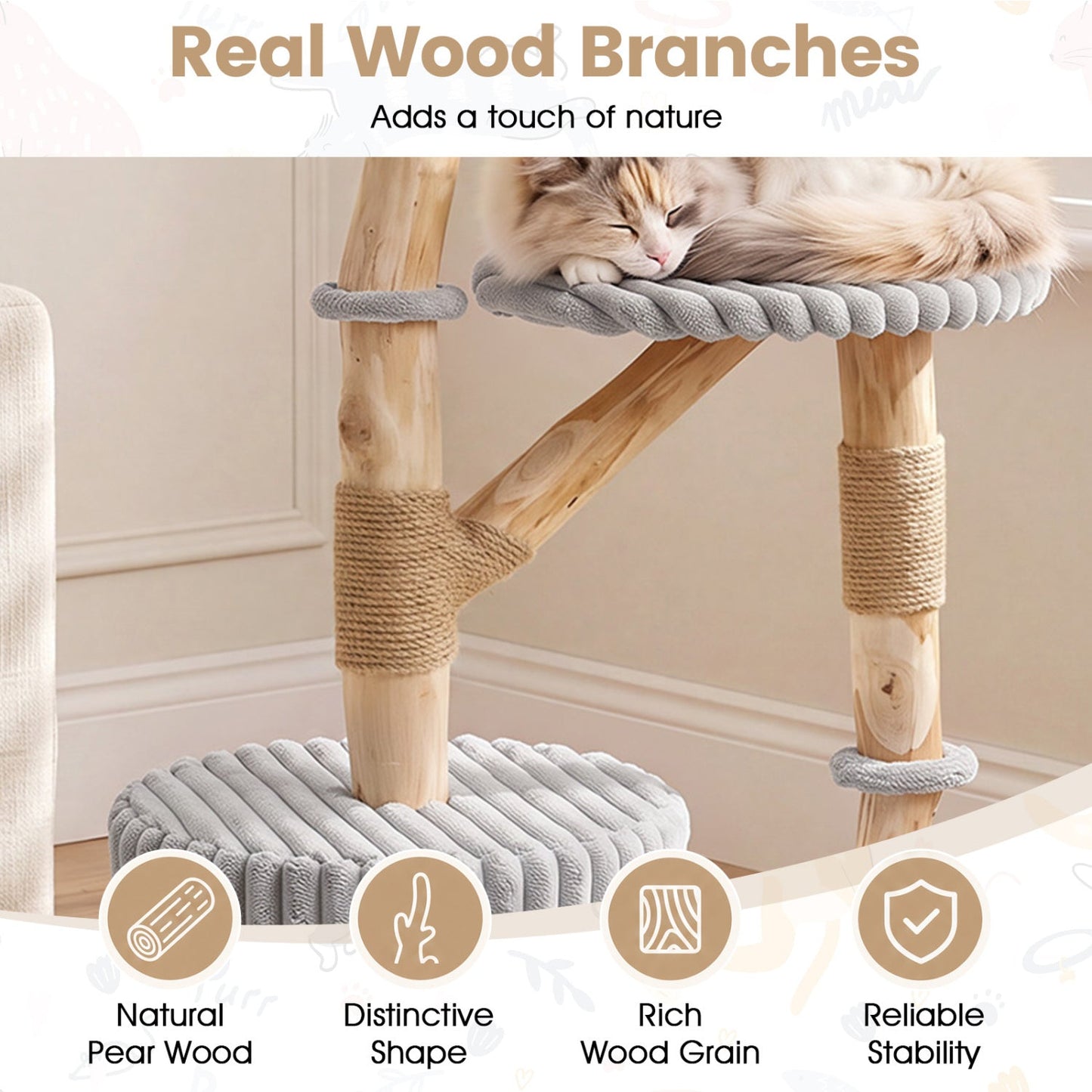 Solid Wood Cat Tree 41in by DirectDeals with real branches and plush gray bed on Tampa Home & Garden Store