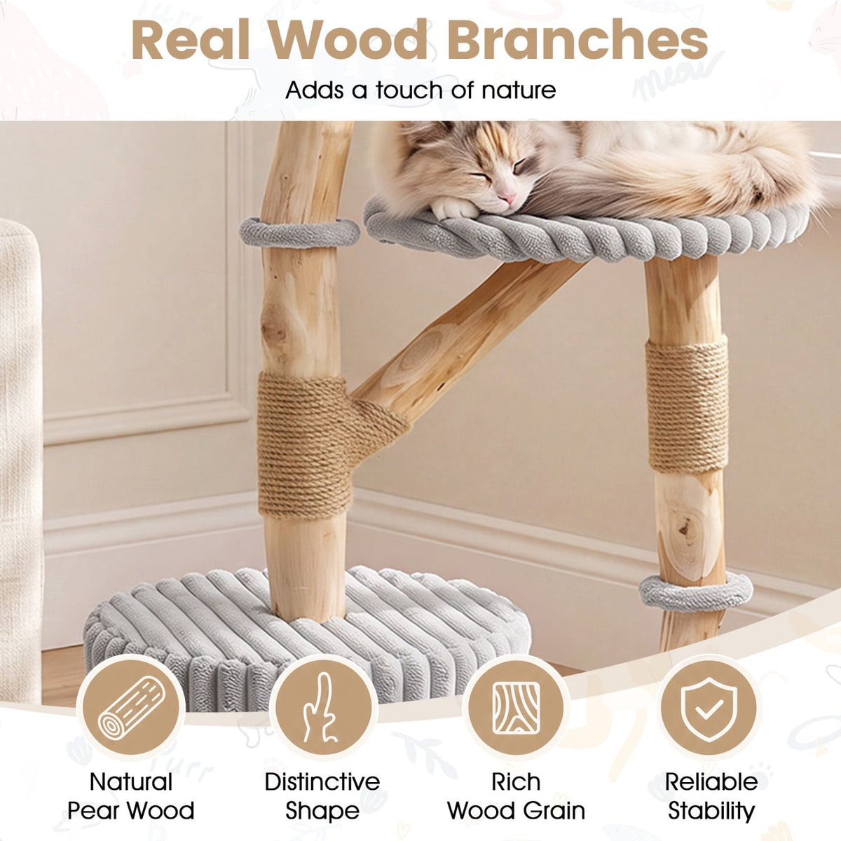 Solid Wood Cat Tree 41in by DirectDeals with real branches and plush gray bed on Tampa Home & Garden Store