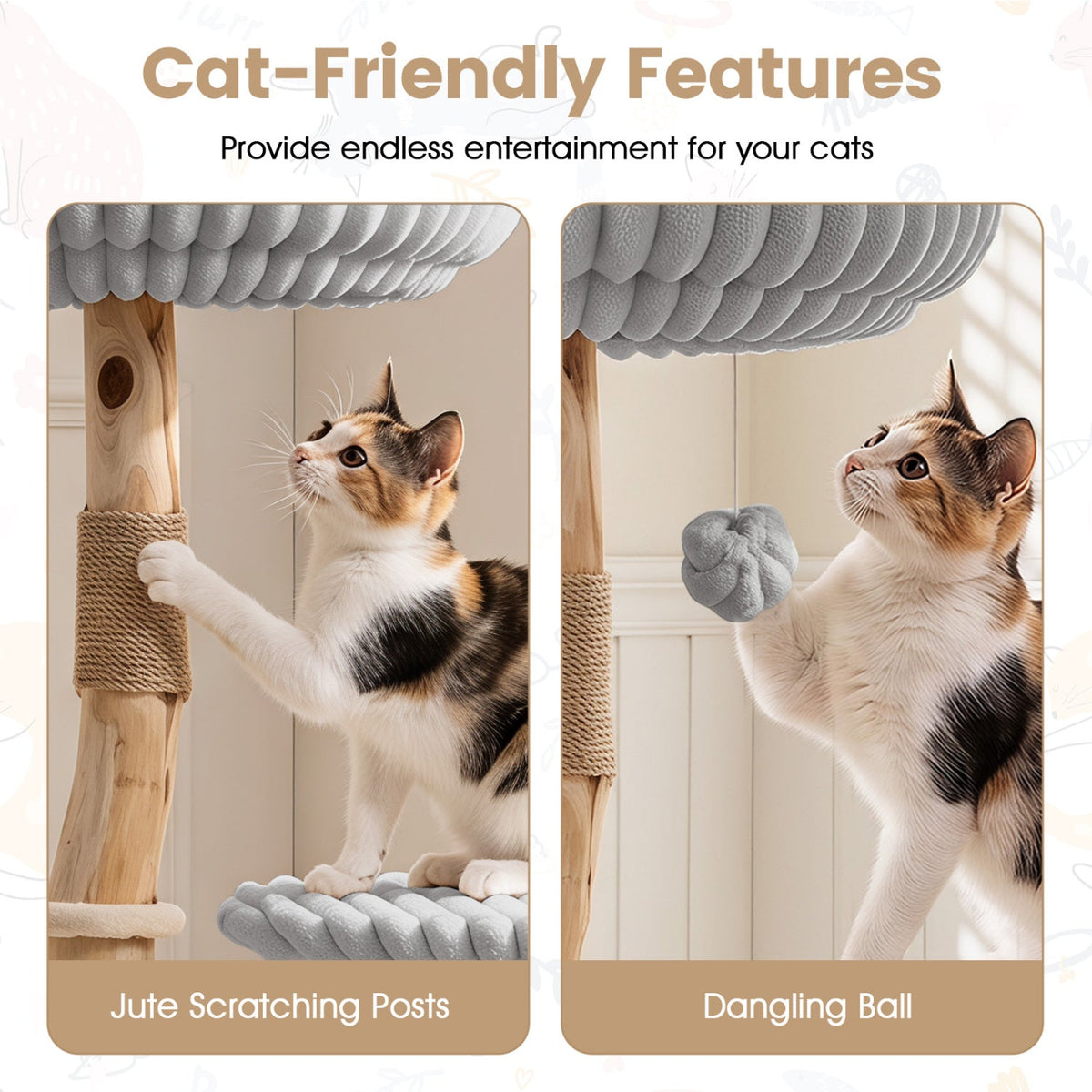 Solid wood cat tree 41in with real branches; cat on jute scratching posts and a dangling ball on Tampa Home & Garden Store
