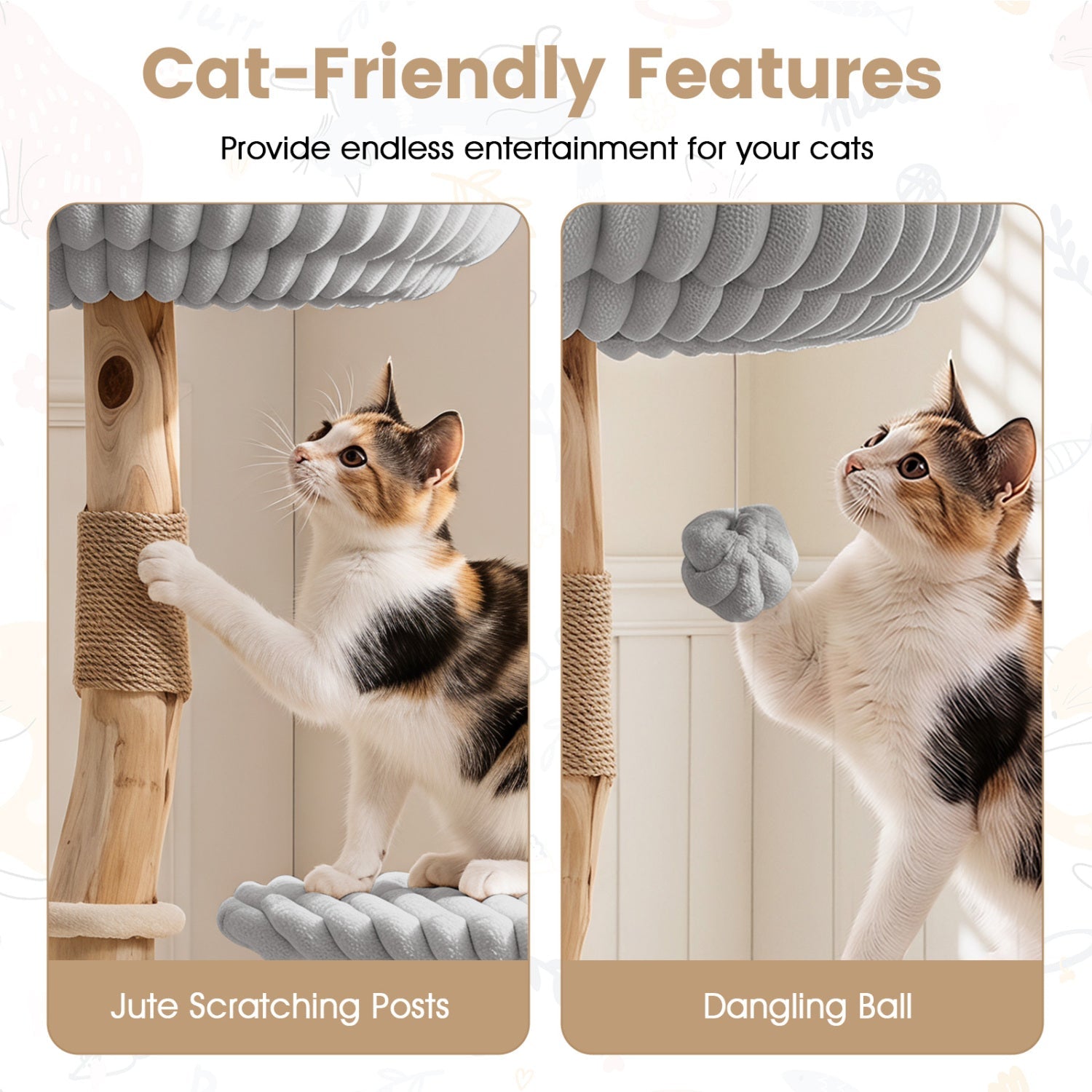 Solid wood cat tree 41in with real branches; cat on jute scratching posts and a dangling ball on Tampa Home & Garden Store