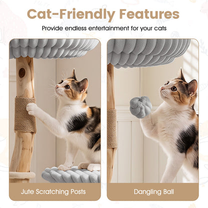 Solid wood cat tree 41in with real branches; cat on jute scratching posts and a dangling ball on Tampa Home & Garden Store
