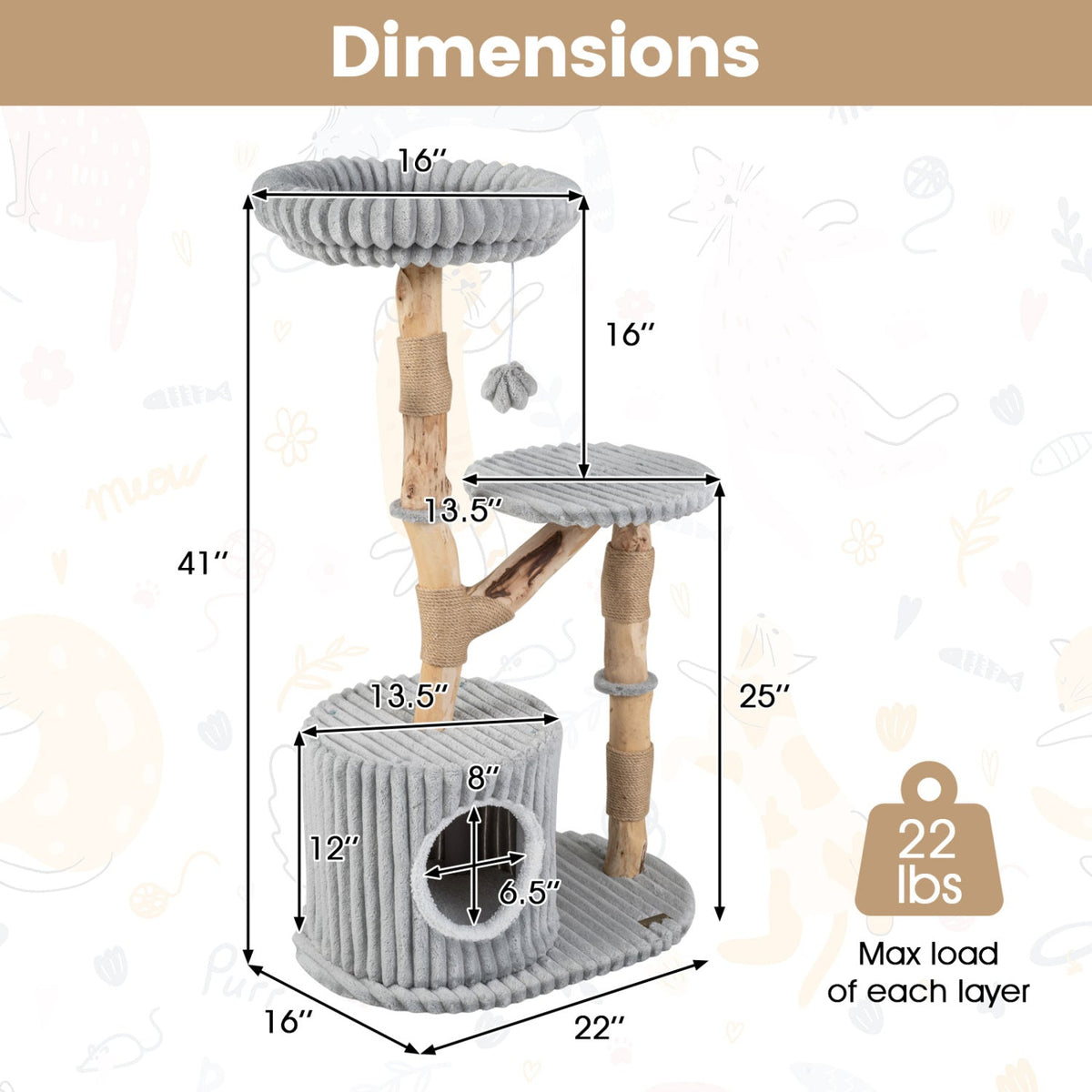 Solid wood cat tree with real branches, gray plush platforms, 41in tall, DirectDeals on Tampa Home & Garden Store