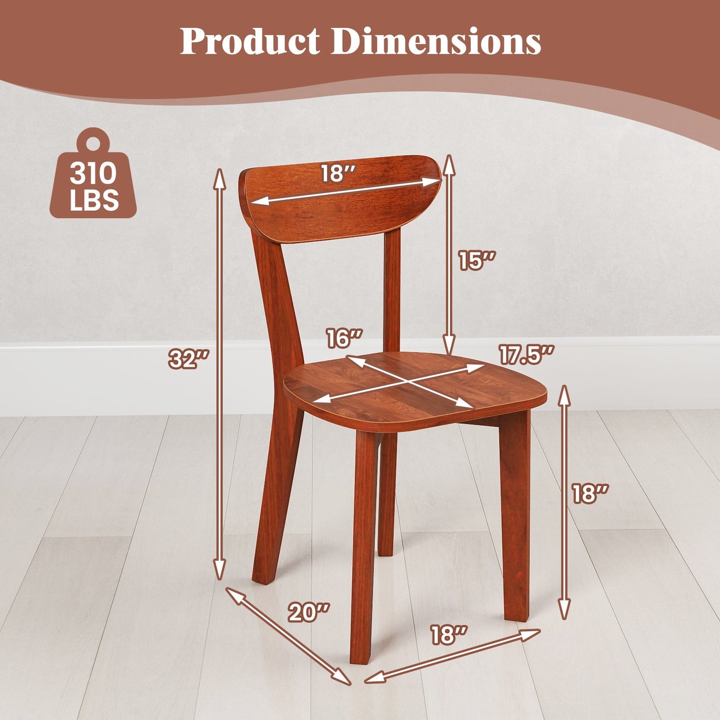 Solid Wood Dining Chair Set of 2 with Curved Backrest and Rubber Wood Frame-Espresso