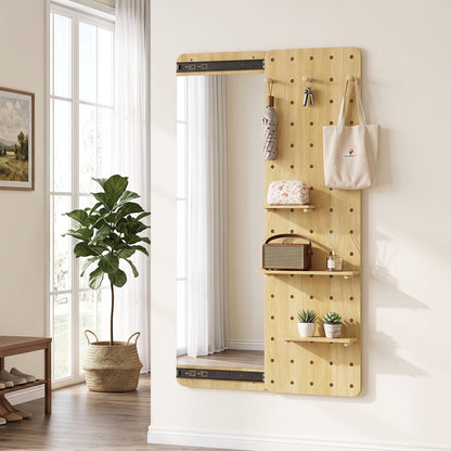 Full-length wall mirror with sliding pegboard and shelves in natural wood finish DirectDeals on Tampa Home & Garden Store
