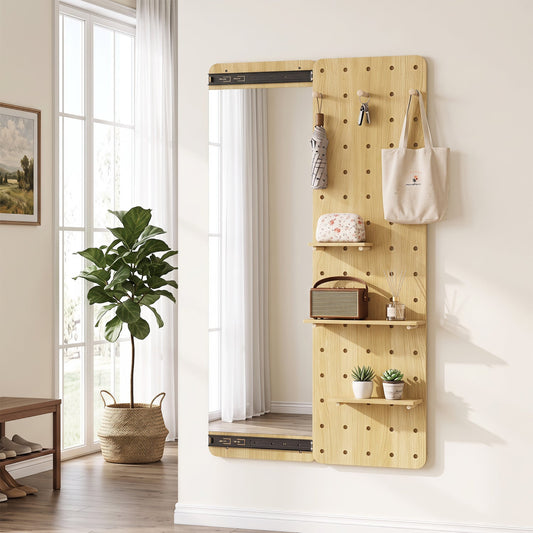 Full-length wall mirror with sliding pegboard and shelves in natural wood finish DirectDeals on Tampa Home & Garden Store