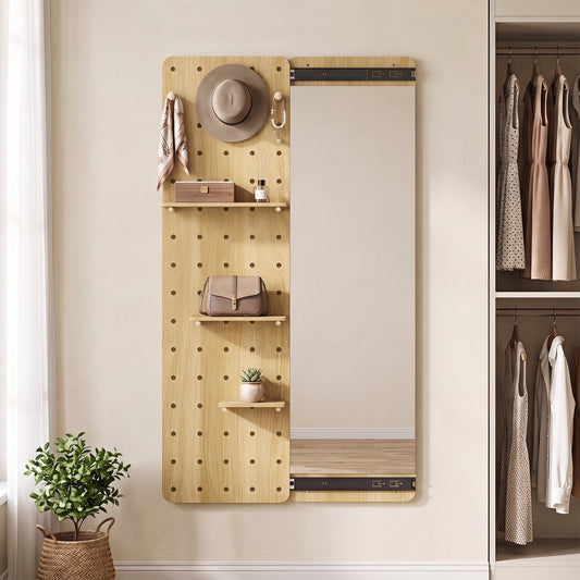 DirectDeals full length wall mirror with sliding pegboard and shelves in light wood finish on Tampa Home & Garden Store