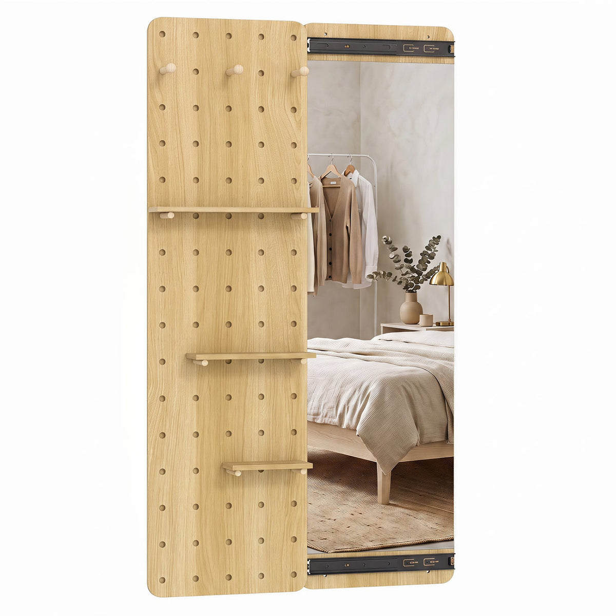 Full-length wall mirror with sliding pegboard and shelves in natural oak finish DirectDeals on Tampa Home & Garden Store