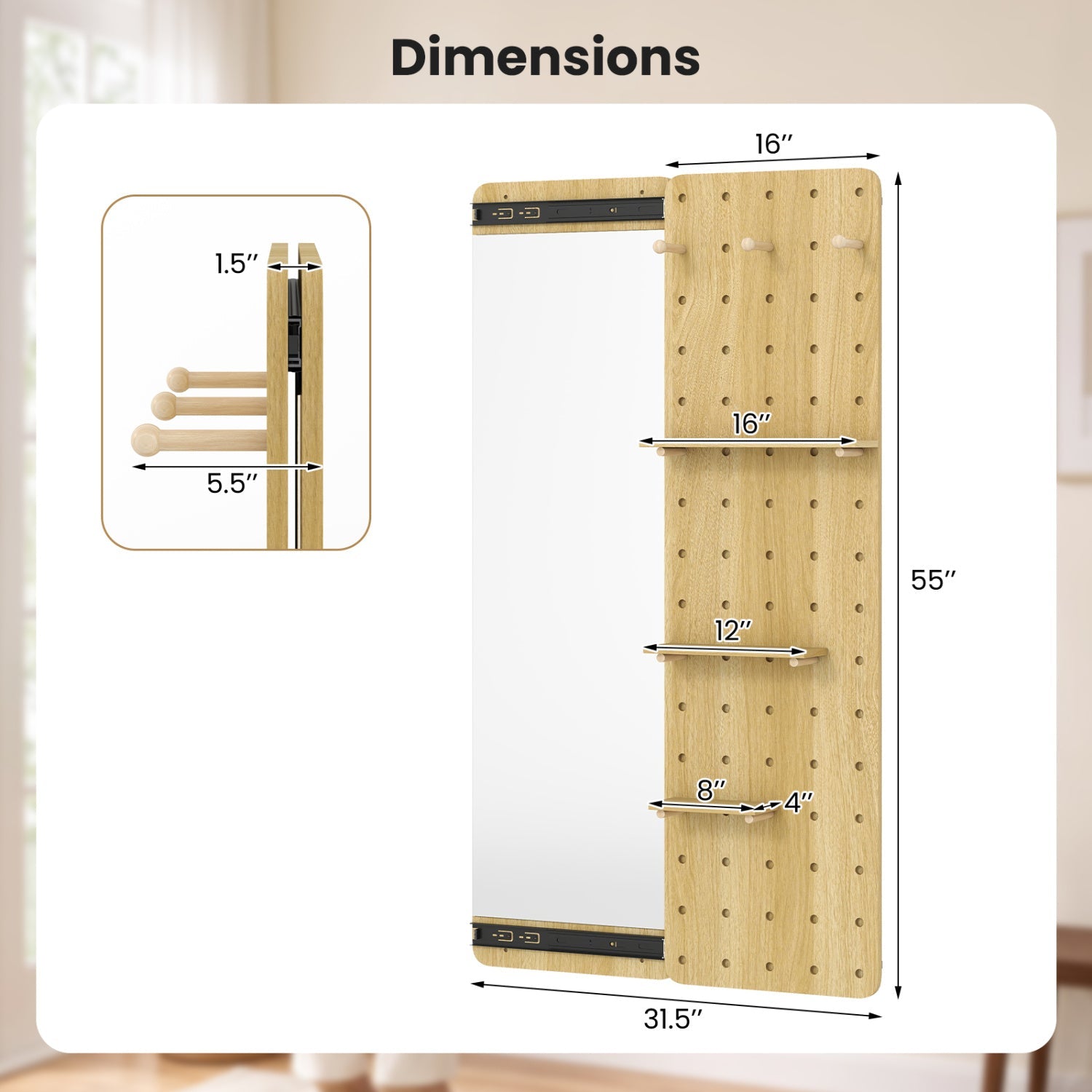 Full length wall mirror with sliding pegboard and wood shelves, DirectDeals on Tampa Home & Garden Store