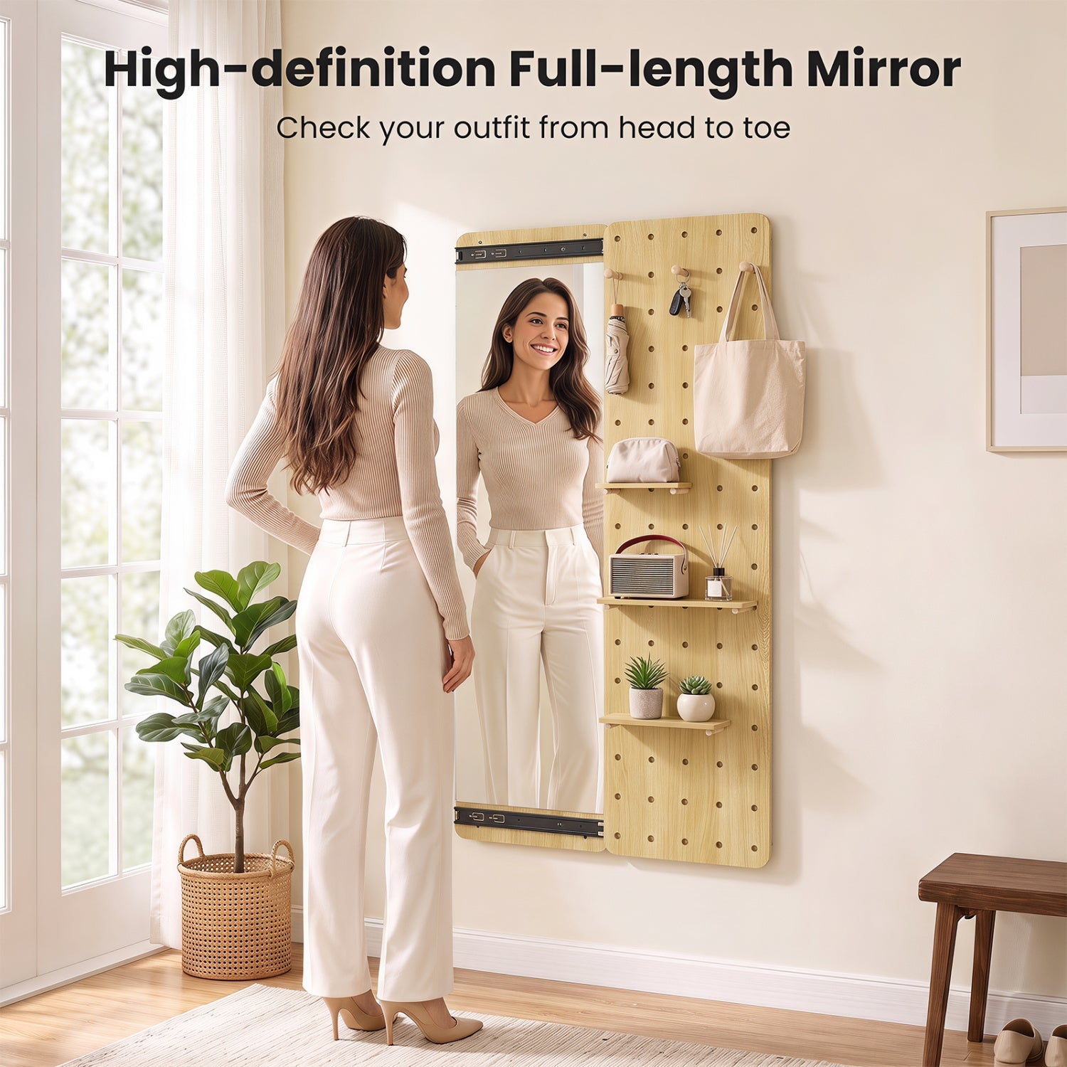 Full-length wall mirror with sliding pegboard and natural wood shelves in a cozy entryway on Tampa Home & Garden Store