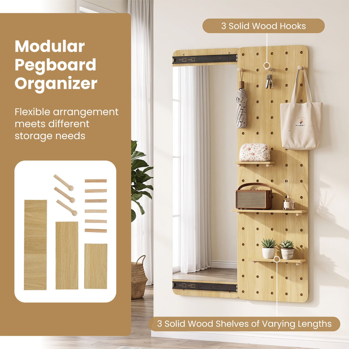 Full Length Wall Mirror with Sliding Pegboard & Shelves, three solid wood shelves, DirectDeals on Tampa Home & Garden Store
