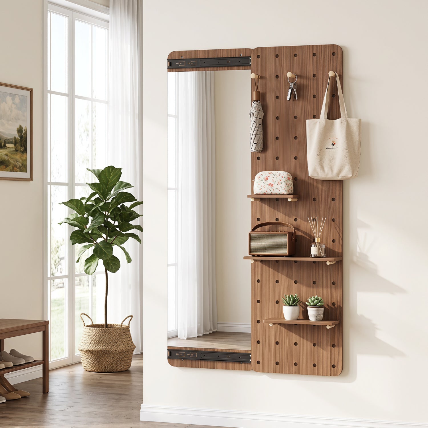Full Length Wall Mirror with Sliding Pegboard & Shelves in warm wood by DirectDeals on Tampa Home & Garden Store